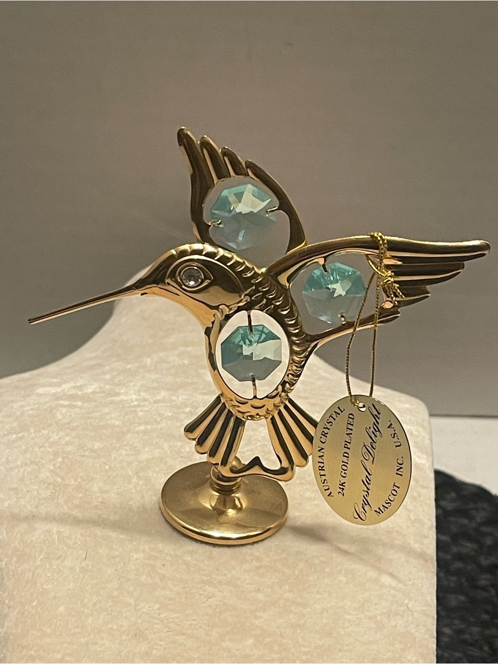 24k Gold plated Hummingbird Crystal Sun-catcher Light Teal Blue Austria crystals